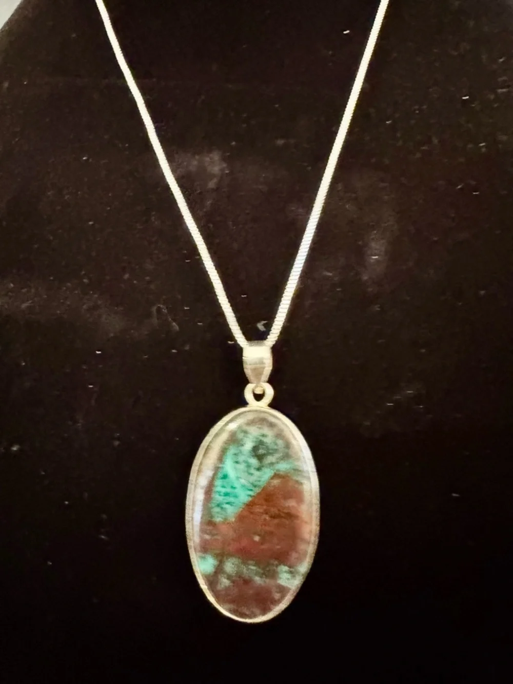 Turquoise and Red chrysocolla quartz Oval Pendant Necklace sterling silver‎